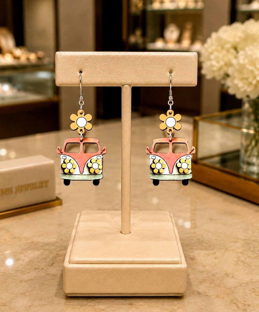 Colorful Retro Boho VW Bus Wooden Stainless Steel Earrings Pink 1 pair